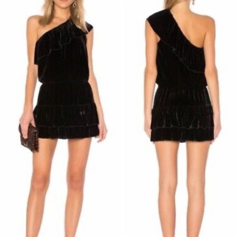 EUC Joie Kola B Ruffled One Shoulder Black Velvet mini dress size XS